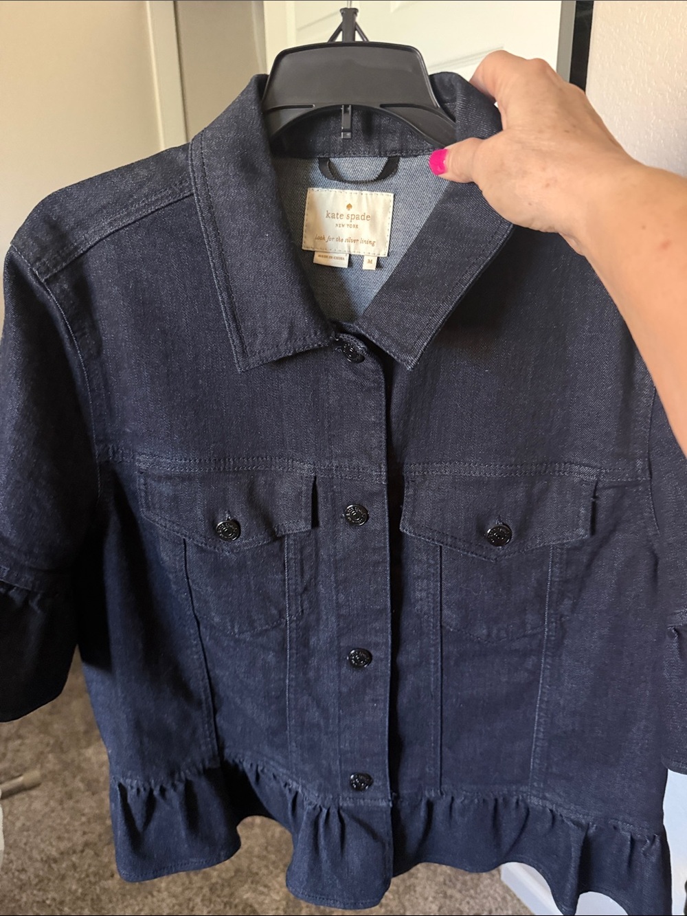 kate spade navy denim ruffle-hem jean jacket - Picture 4 of 5
